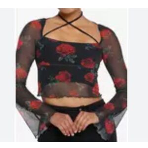 Social Collision Red Rose Mesh‎ Top Juniors Small Long Sleeve Flare Sleeve Indie